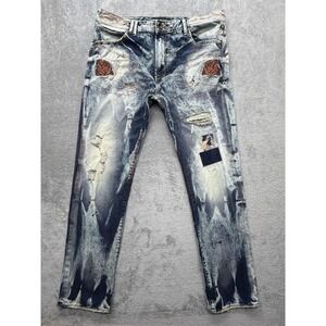 AKOO‎ Jeans Mens Measured 40x33 Blue Distressed Straight Leg Rose Patch Paint
